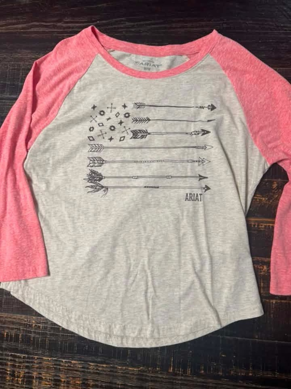 Ariat Girls' Heather Gray Tee with Pink Raglan Sleeves and Arrow Graphic